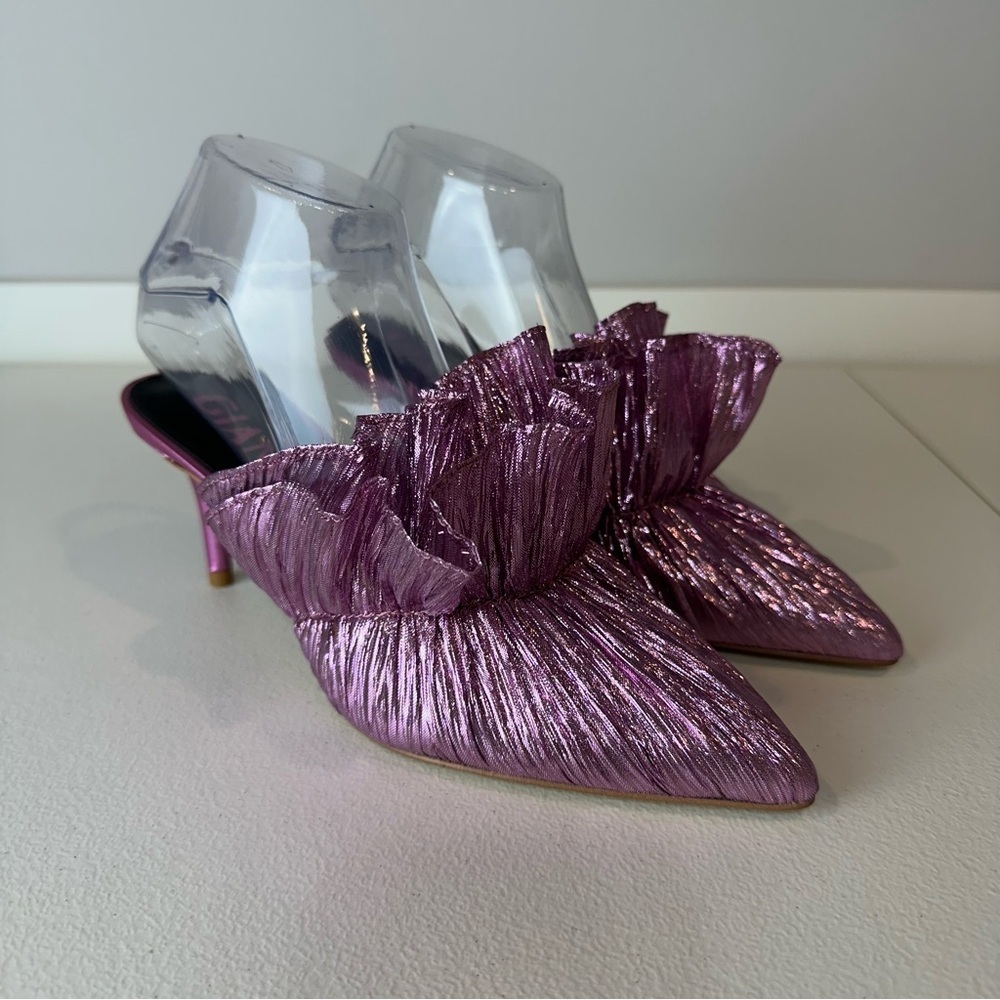 Gianni Bini Hot Metallic Pink Ruffled Party Rossallio Heeled Mules Size 7.5